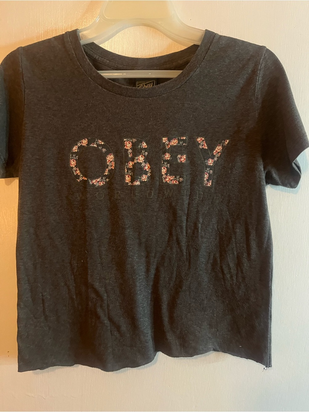 Obey Black Tee with Pink Floral Logo